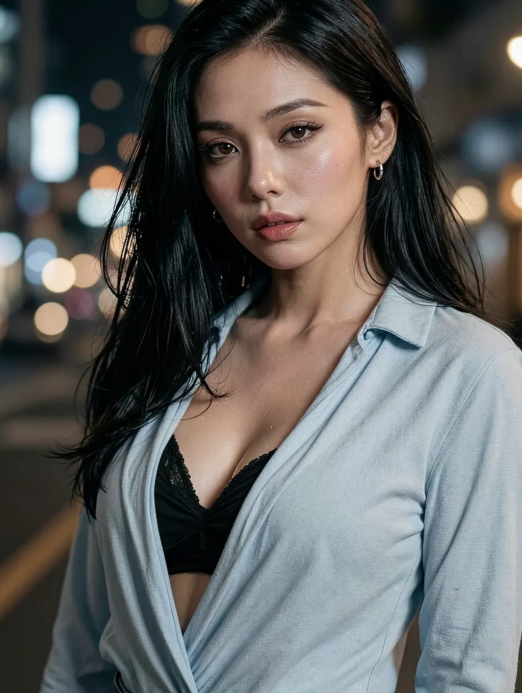 Fictional AI character featured on the fourth landing page, at night